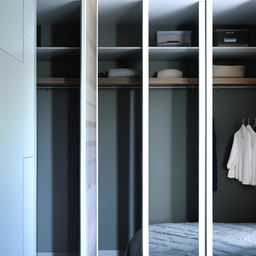 Transform the sea-blue wardrobe by adding a prominent white strip in the middle. Retain the L-shaped loft, giving a stylish yet utilitarian appeal.