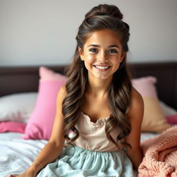 A beautiful 18-year-old brunette girl with long hair styled in an elegant updo, sitting on a bed wearing a lovely dress, smiling warmly at the viewer