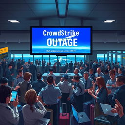 A dramatic scene depicting a bustling airport lounge filled with anxious passengers