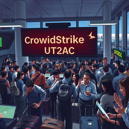 A dramatic scene depicting a bustling airport lounge filled with anxious passengers