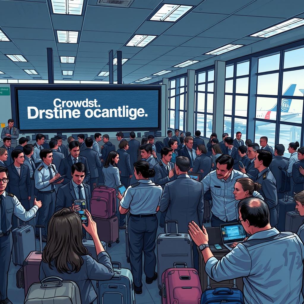 A dramatic scene depicting a bustling airport lounge filled with anxious passengers