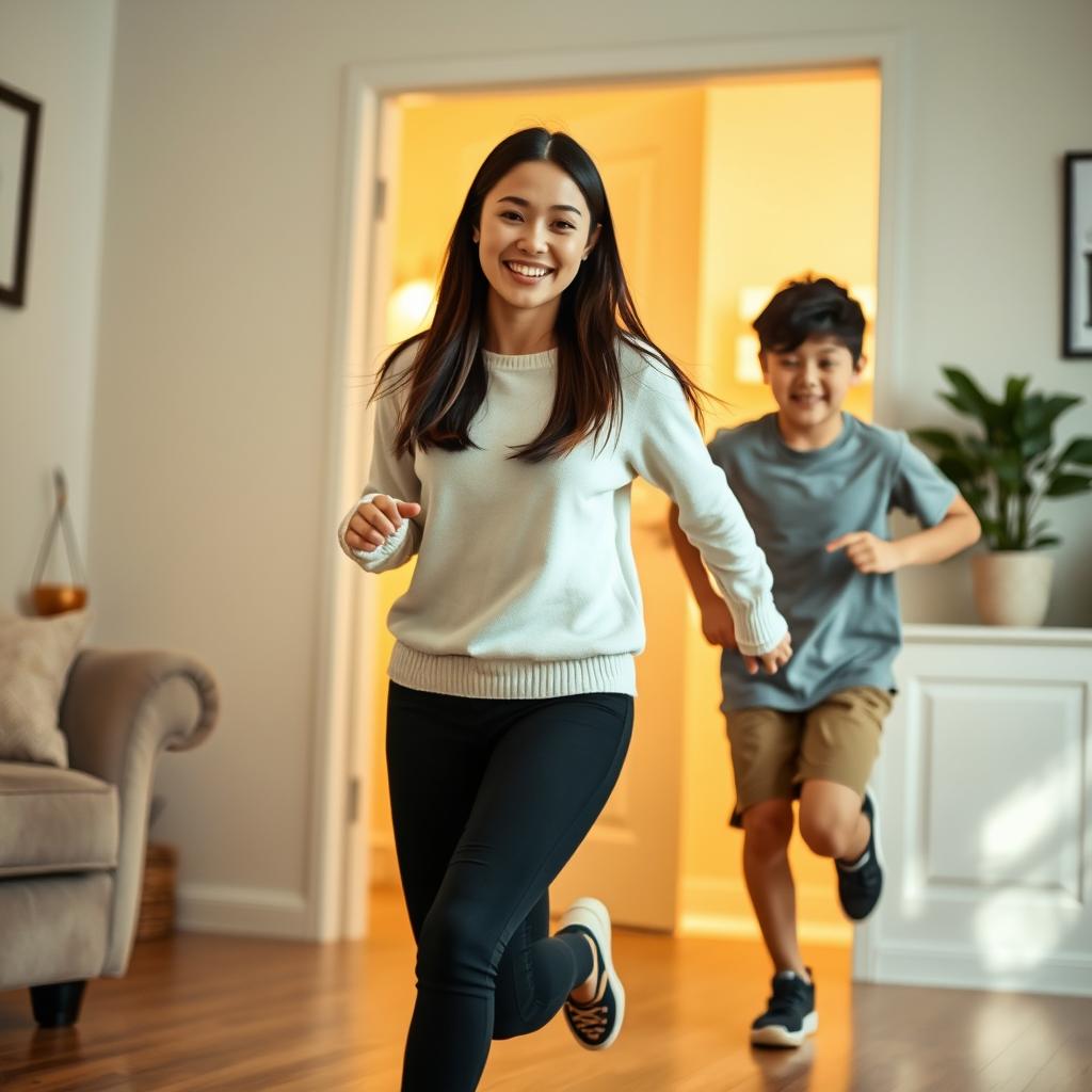 Inside a cozy, warmly lit house, an 18-year-old Asian older sister is joyfully playing tag with her 15-year-old younger brother