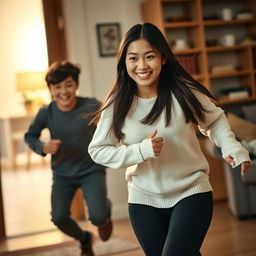 Inside a cozy, warmly lit house, an 18-year-old Asian older sister is joyfully playing tag with her 15-year-old younger brother