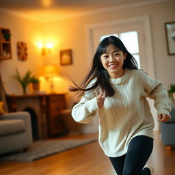 Inside a cozy, warmly lit house, an 18-year-old Asian older sister is joyfully playing tag with her 15-year-old younger brother