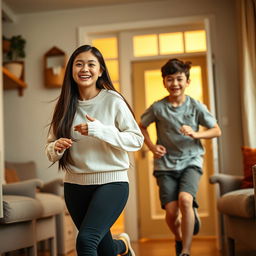 Inside a cozy, warmly lit house, an 18-year-old Asian older sister is joyfully playing tag with her 15-year-old younger brother