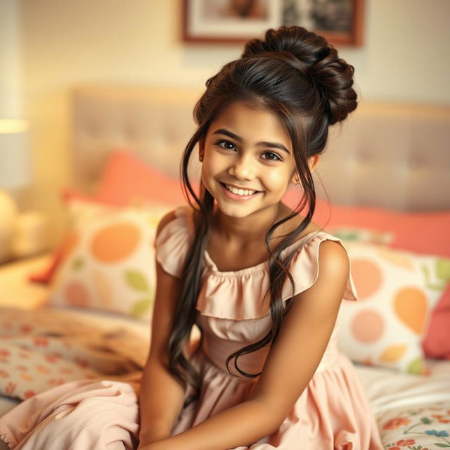 A beautiful 18-year-old brunette girl with long hair styled in an elegant updo, sitting on a bed in a lovely dress, smiling warmly at the viewer