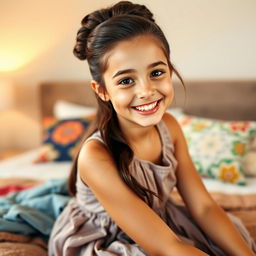 A beautiful 18-year-old brunette girl with long hair styled in an elegant updo, sitting on a bed in a lovely dress, smiling warmly at the viewer