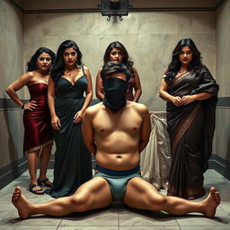 An interrogation room scene featuring three enticing desi women, radiating confidence and seduction