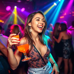 A vibrant nightclub scene featuring a young woman with stylish attire, clearly enjoying herself, dancing energetically under colorful lights
