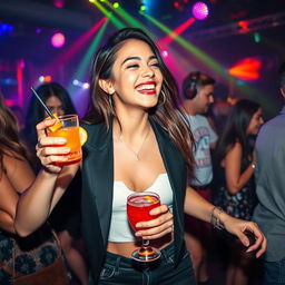 A vibrant nightclub scene featuring a young woman with stylish attire, clearly enjoying herself, dancing energetically under colorful lights