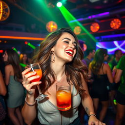 A vibrant nightclub scene featuring a young woman with stylish attire, clearly enjoying herself, dancing energetically under colorful lights