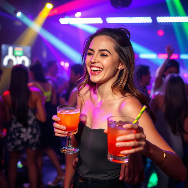 A vibrant nightclub scene featuring a young woman with stylish attire, clearly enjoying herself, dancing energetically under colorful lights