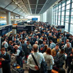 A busy airport terminal experiencing a CrowdStrike outage, showcasing travelers in various states of concern and confusion