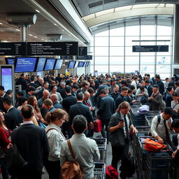 A busy airport terminal experiencing a CrowdStrike outage, showcasing travelers in various states of concern and confusion
