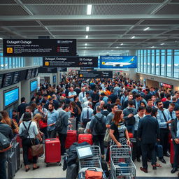 A busy airport terminal experiencing a CrowdStrike outage, showcasing travelers in various states of concern and confusion