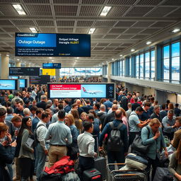 A busy airport terminal experiencing a CrowdStrike outage, showcasing travelers in various states of concern and confusion