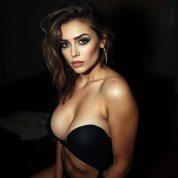 A sultry woman with striking features, her makeup is seductive and bold