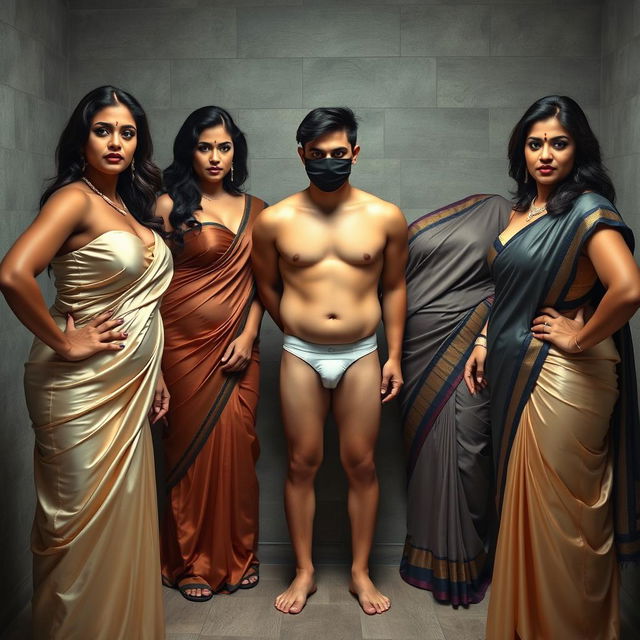 An interrogation room scene featuring three captivating desi women, exuding seduction and confidence