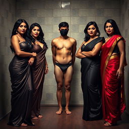 An interrogation room scene featuring three captivating desi women, exuding seduction and confidence