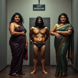 An interrogation room scene featuring three captivating desi women, exuding seduction and confidence