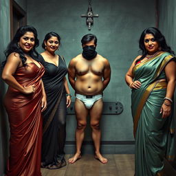 An interrogation room scene featuring three captivating desi women, exuding seduction and confidence