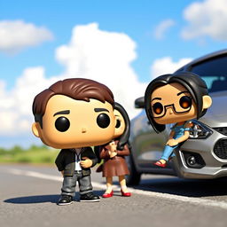 A Funko Pop representation of a 20-year-old boy with short, dark brown hair standing next to a Chinese girl with long black hair