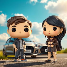 A Funko Pop representation of a 20-year-old boy with short, dark brown hair standing next to a Chinese girl with long black hair