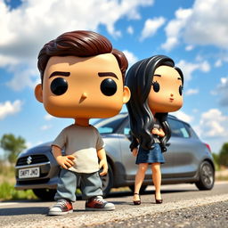 A Funko Pop representation of a 20-year-old boy with short, dark brown hair standing next to a Chinese girl with long black hair