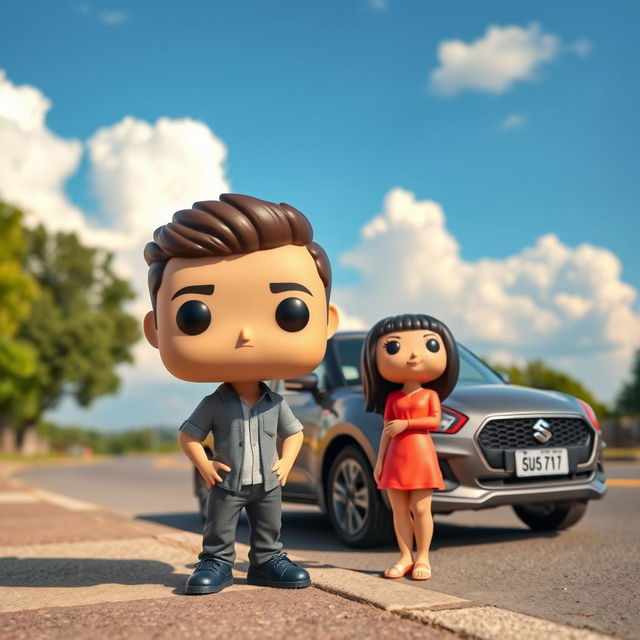 A Funko Pop representation of a 20-year-old boy with short, dark brown hair standing next to a Chinese girl with long black hair