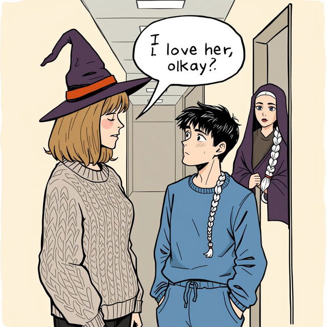 A woman in her early thirties with shoulder-length light brown hair, wearing a cozy cable knit sweater and a stylish witch's hat