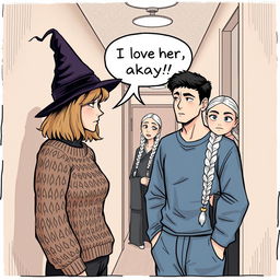 A woman in her early thirties with shoulder-length light brown hair, wearing a cozy cable knit sweater and a stylish witch's hat