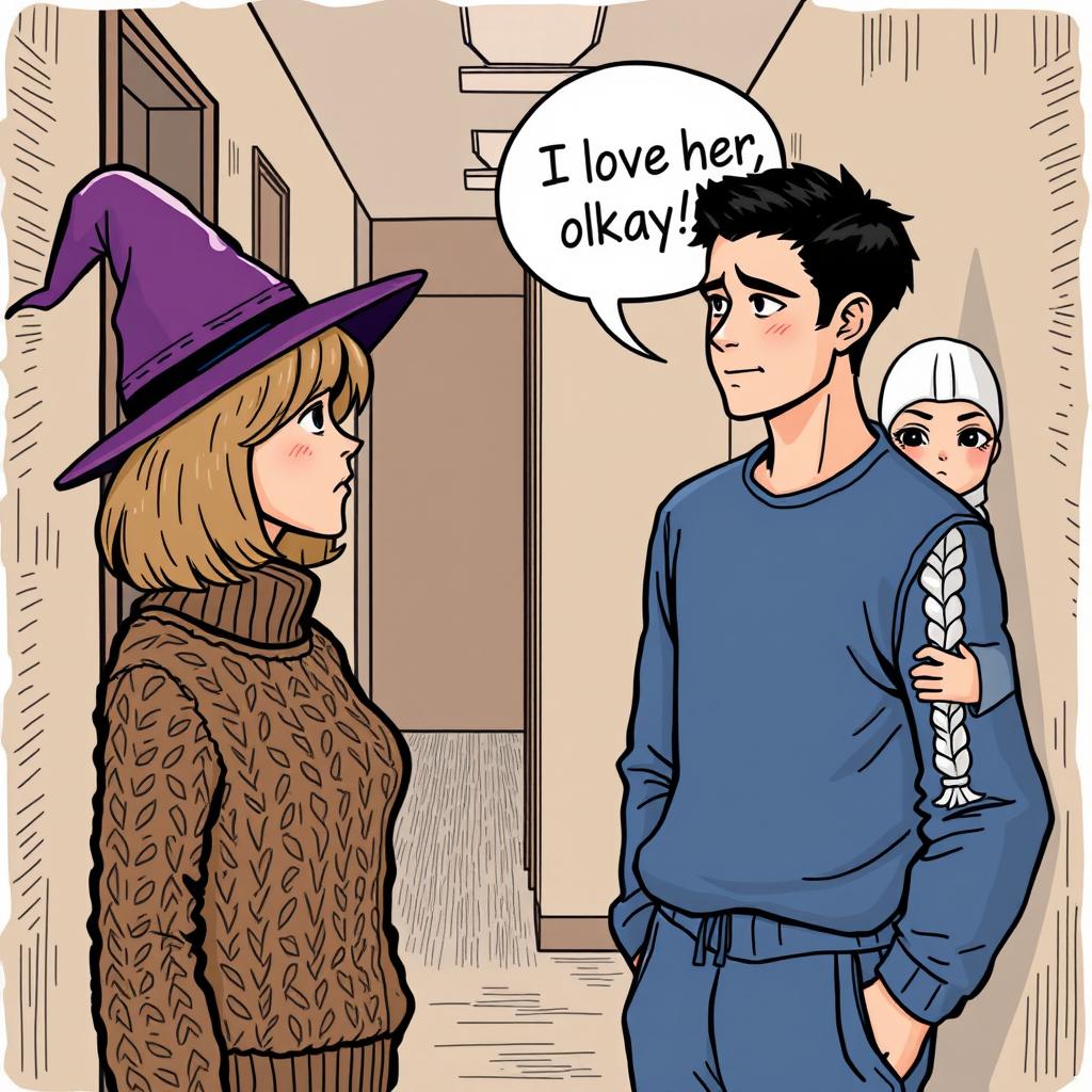 A woman in her early thirties with shoulder-length light brown hair, wearing a cozy cable knit sweater and a stylish witch's hat