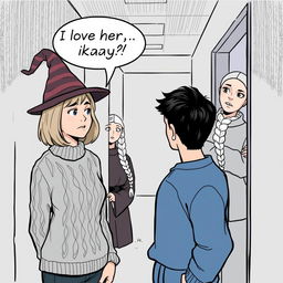 A woman in her early thirties with shoulder-length light brown hair, wearing a cozy cable knit sweater and a stylish witch's hat