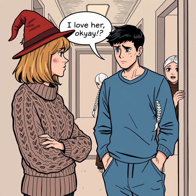 A woman in her early thirties with shoulder-length light brown hair, wearing a cozy cable knit sweater and a classic witch’s hat, is engaged in a conversation with a man in his early thirties with short black hair