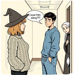 A woman in her early thirties with shoulder-length light brown hair, wearing a cozy cable knit sweater and a classic witch’s hat, is engaged in a conversation with a man in his early thirties with short black hair