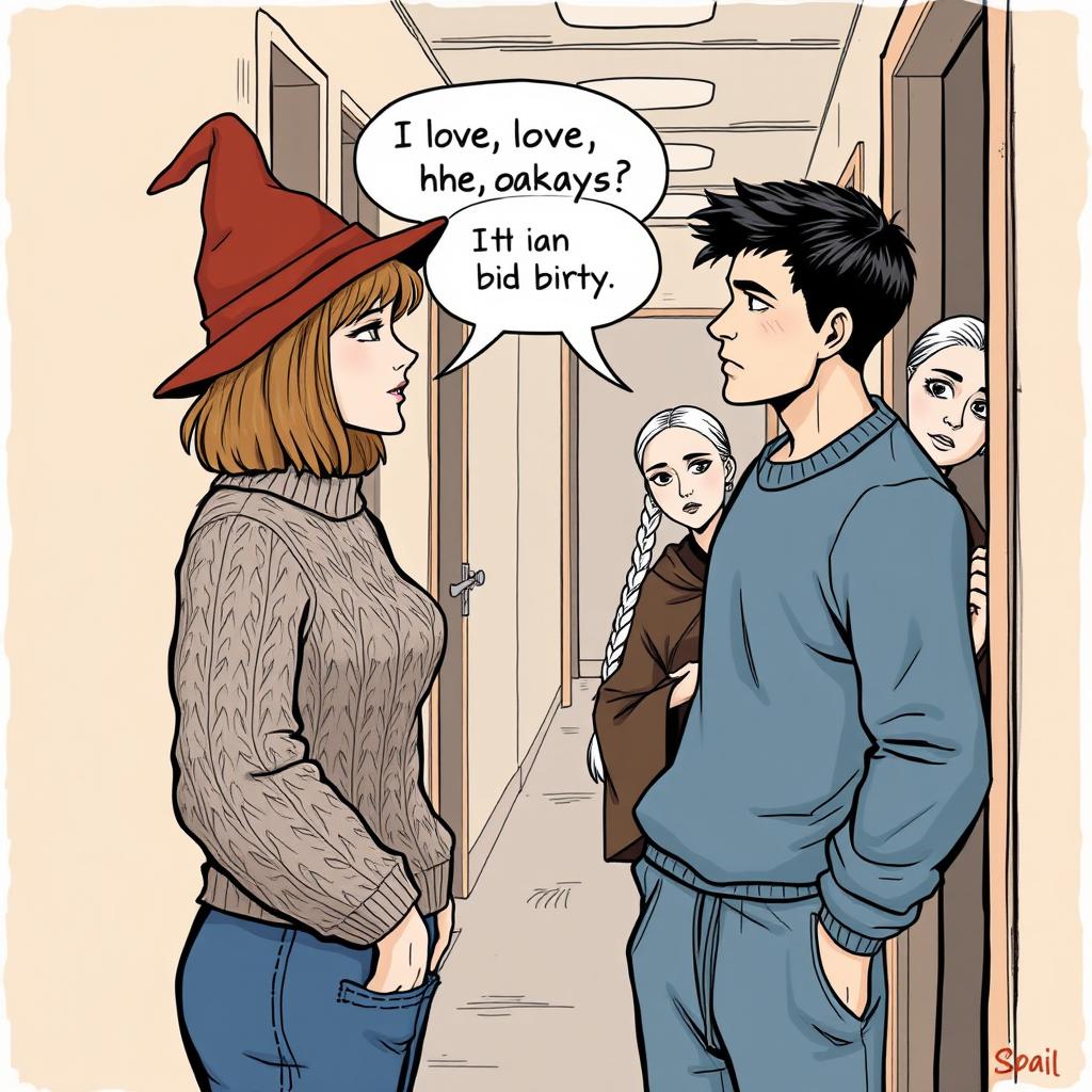 A woman in her early thirties with shoulder-length light brown hair, wearing a cozy cable knit sweater and a classic witch’s hat, is engaged in a conversation with a man in his early thirties with short black hair