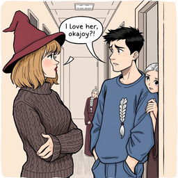 A woman in her early thirties with shoulder-length light brown hair, wearing a cozy cable knit sweater and a classic witch’s hat, is engaged in a conversation with a man in his early thirties with short black hair