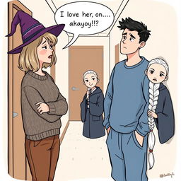 A whimsical illustration featuring a woman in her early thirties with shoulder-length light brown hair, wearing a cozy cable knit sweater and a playful witch’s hat