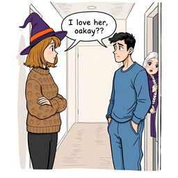 A whimsical illustration featuring a woman in her early thirties with shoulder-length light brown hair, wearing a cozy cable knit sweater and a playful witch’s hat