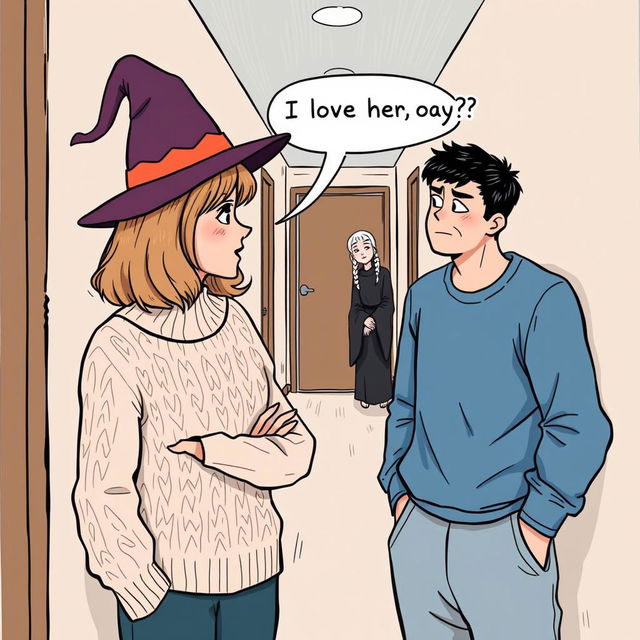 A whimsical illustration featuring a woman in her early thirties with shoulder-length light brown hair, wearing a cozy cable knit sweater and a playful witch’s hat