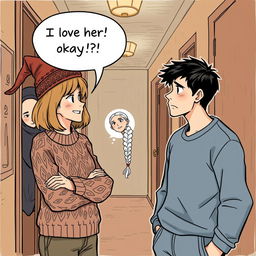 A woman in her early thirties with shoulder-length light brown hair, clad in a cozy cable knit sweater and a whimsical witch’s hat, is having an animated conversation with a man who is also in his early thirties
