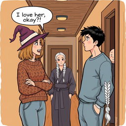 A woman in her early thirties with shoulder-length light brown hair, clad in a cozy cable knit sweater and a whimsical witch’s hat, is having an animated conversation with a man who is also in his early thirties