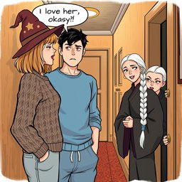 A woman in her early thirties with shoulder-length light brown hair, clad in a cozy cable knit sweater and a whimsical witch’s hat, is having an animated conversation with a man who is also in his early thirties