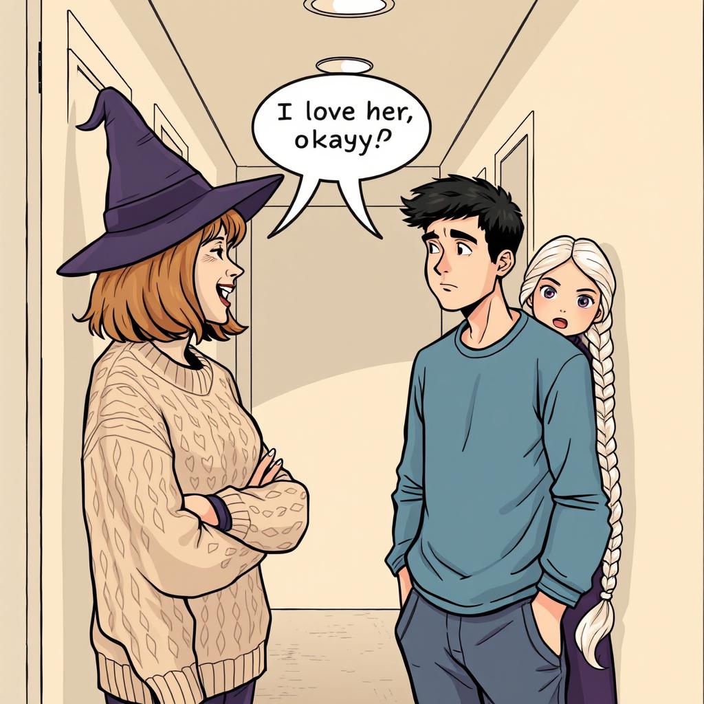 A woman in her early thirties with shoulder-length light brown hair wearing a cozy cable knit sweater and a whimsical witch’s hat is animatedly talking to a man in his early thirties with short black hair, dressed casually in a blue shirt and sweatpants, who appears stressed