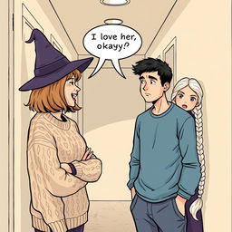 A woman in her early thirties with shoulder-length light brown hair wearing a cozy cable knit sweater and a whimsical witch’s hat is animatedly talking to a man in his early thirties with short black hair, dressed casually in a blue shirt and sweatpants, who appears stressed