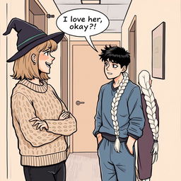 A woman in her early thirties with shoulder-length light brown hair wearing a cozy cable knit sweater and a whimsical witch’s hat is animatedly talking to a man in his early thirties with short black hair, dressed casually in a blue shirt and sweatpants, who appears stressed