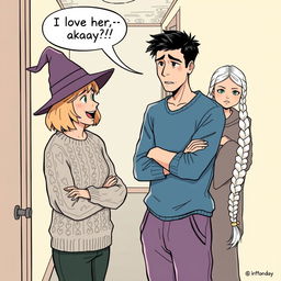 A woman in her early thirties with shoulder-length light brown hair wearing a cozy cable knit sweater and a whimsical witch’s hat is animatedly talking to a man in his early thirties with short black hair, dressed casually in a blue shirt and sweatpants, who appears stressed