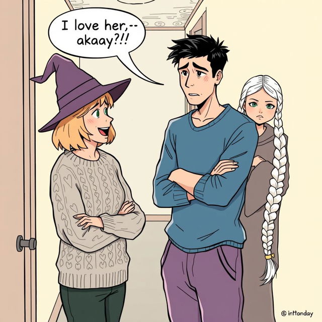 A woman in her early thirties with shoulder-length light brown hair wearing a cozy cable knit sweater and a whimsical witch’s hat is animatedly talking to a man in his early thirties with short black hair, dressed casually in a blue shirt and sweatpants, who appears stressed