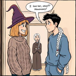 A woman in her early thirties with shoulder-length light brown hair wearing a cozy cable knit sweater and a whimsical witch’s hat is animatedly talking to a man in his early thirties with short black hair, dressed casually in a blue shirt and sweatpants, who appears stressed