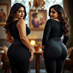A captivating scene featuring two young, curvy, busty milfs with hourglass figures